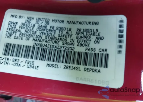 2010 Toyota Corolla z USA, uszkodzony, nr VIN 1NXBU4EE5AZ272302